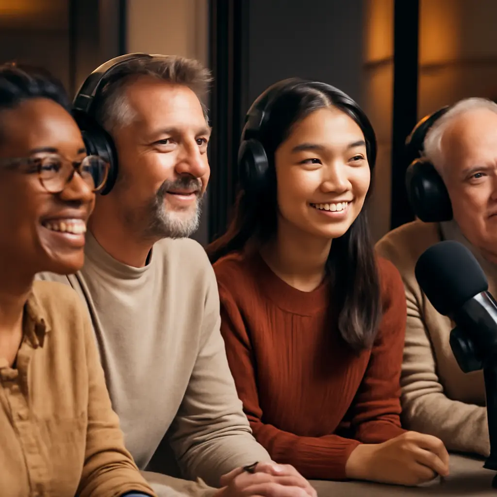 Разновозрастная аудитория слушает новостное радио в наушниках и через колонки