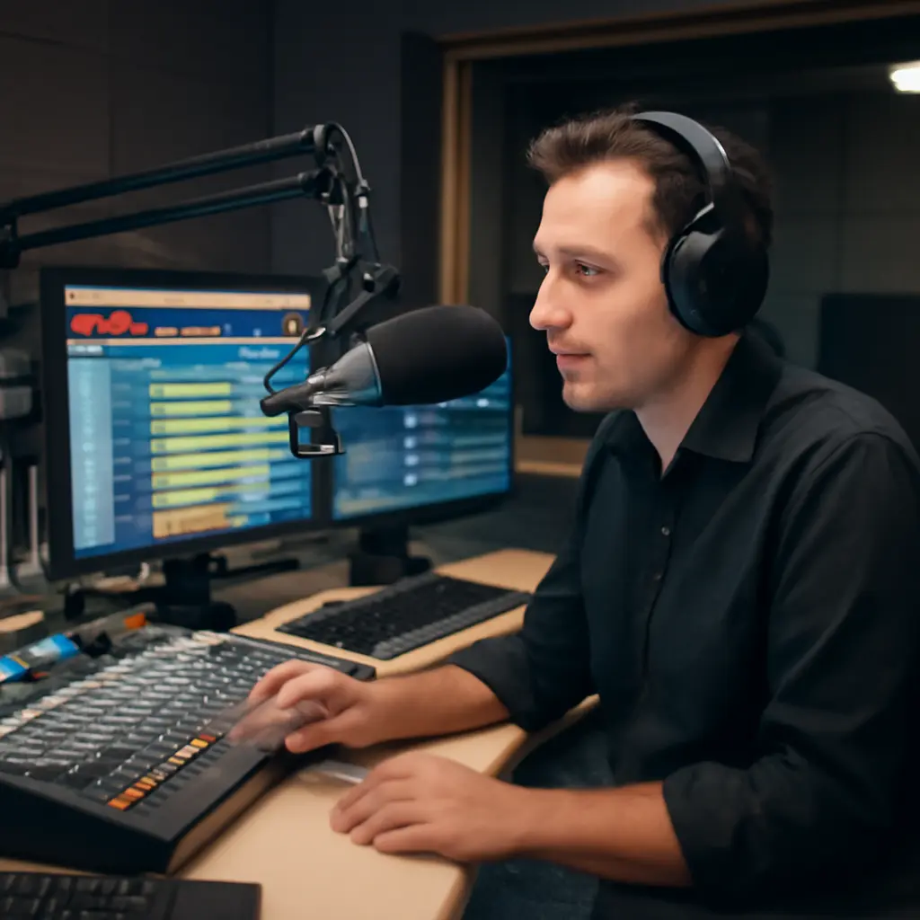 Эфир радиостанции Динамическая студия радиостанции во время эфира