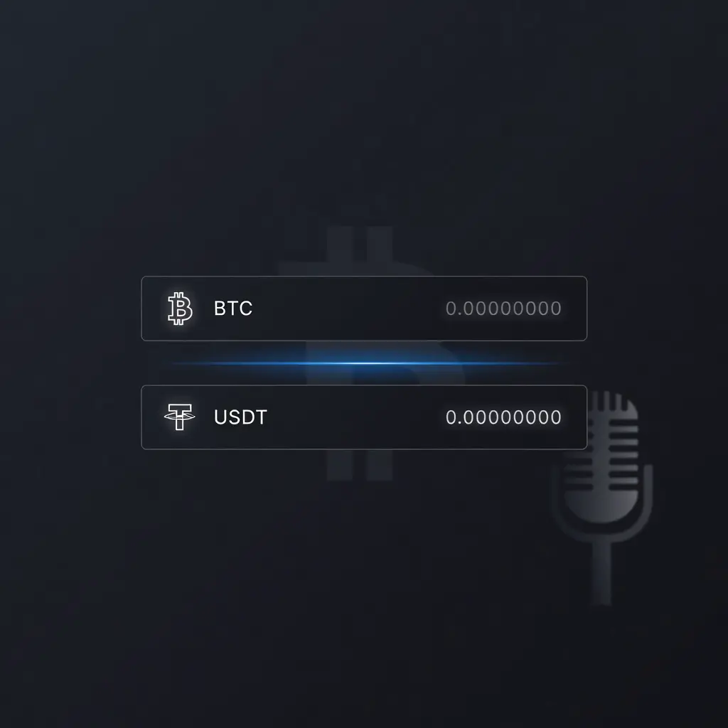 Экран криптообменника с полями для конвертации BTC и USDT, отображающий актуальный курс обмена и кнопку подтверждения транзакции