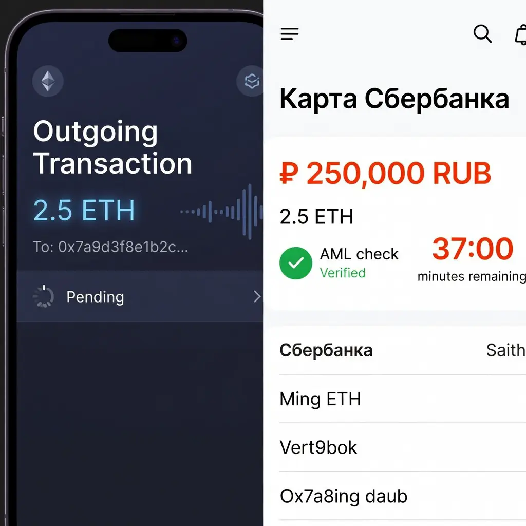Интерфейс обменника Ethereum на карту Сбербанка с отображением курса и AML-статуса