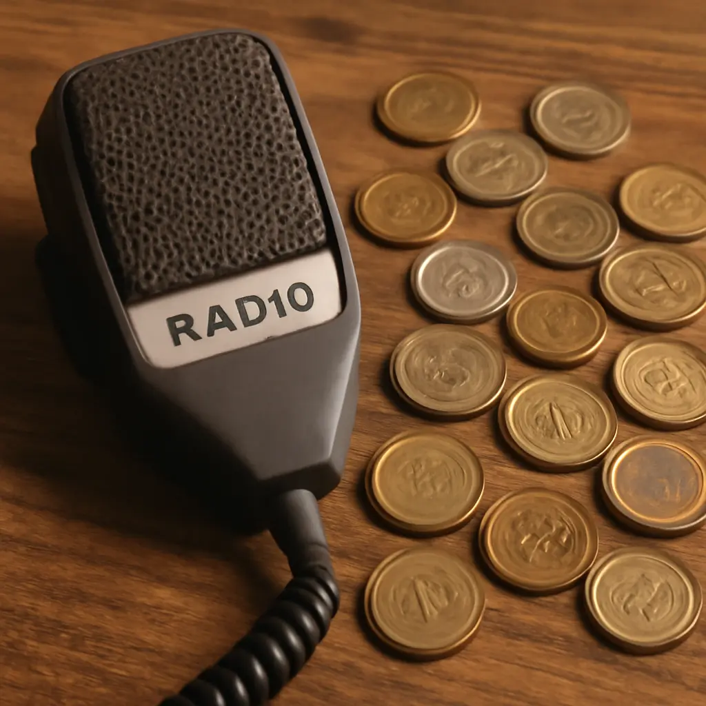 Монетизация радиостанции Денежные монеты рядом с микрофоном — символ монетизации радиостанции
