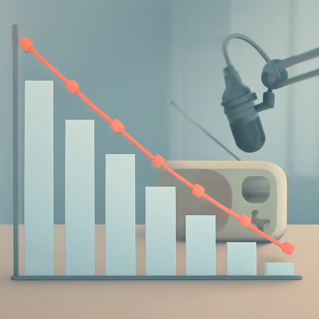 Падающая аудитория радиостанции Иллюстрация снижения числа слушателей на новостной радиостанции