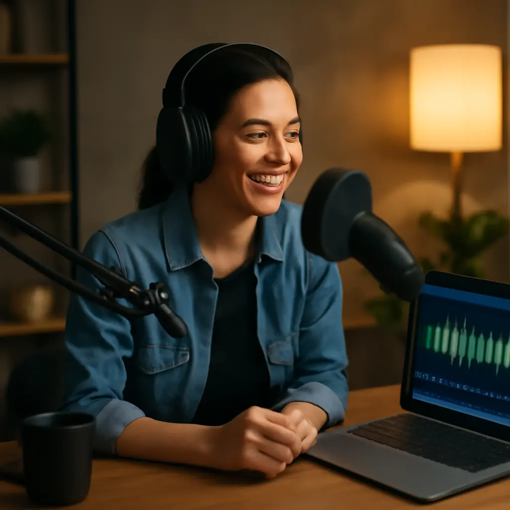 Ведущий записывает подкаст о финансах в студии