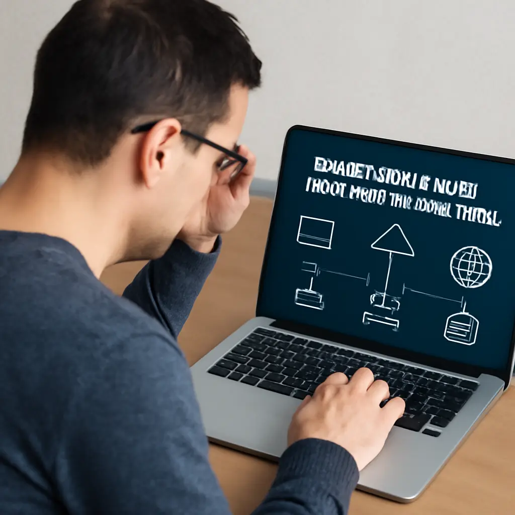 Поиск неисправностей в сетевом подключении Человек с ноутбуком проверяет соединение и сетевые логи