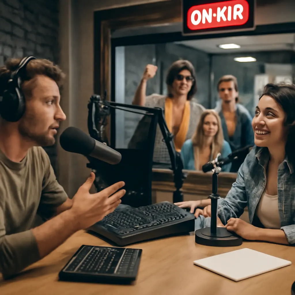 Радиоэффир и слушатели Зал студии радиостанции с микрофонами и аудиторией