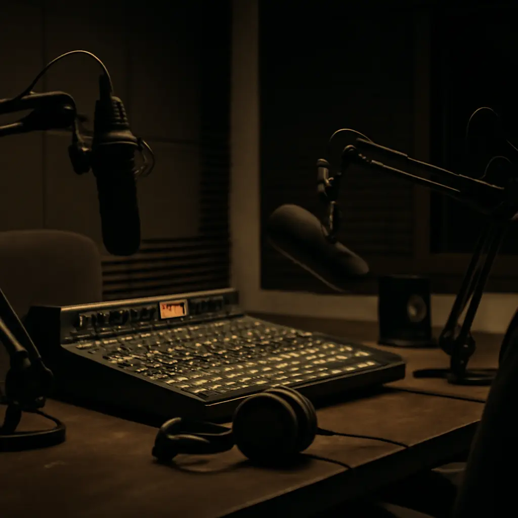 Радиопередача и пустая студия Пустая радиостудия с отключенным оборудованием