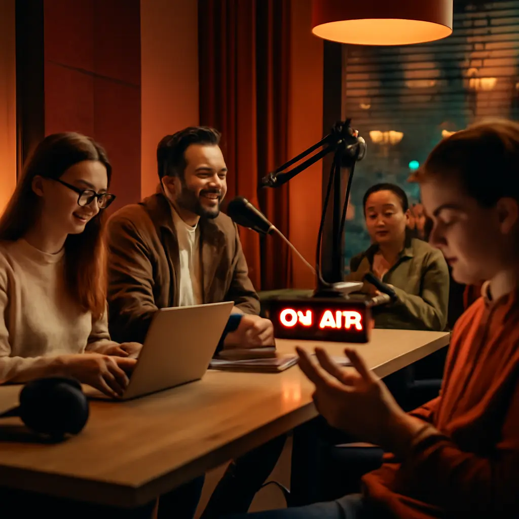 Современная радиостанция и цифровая аудитория, иллюстрация взаимодействия с онлайн-платформами