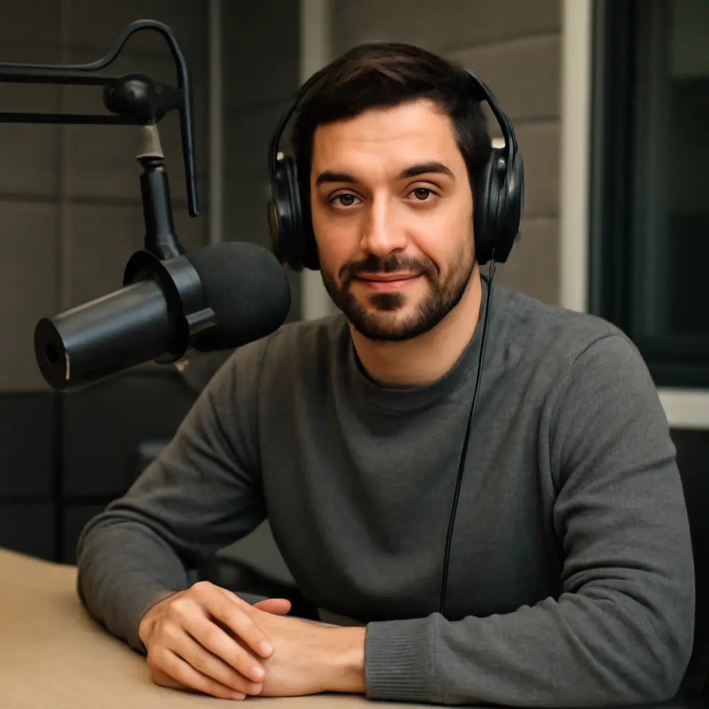 Ведущий в радиостудии за микрофоном