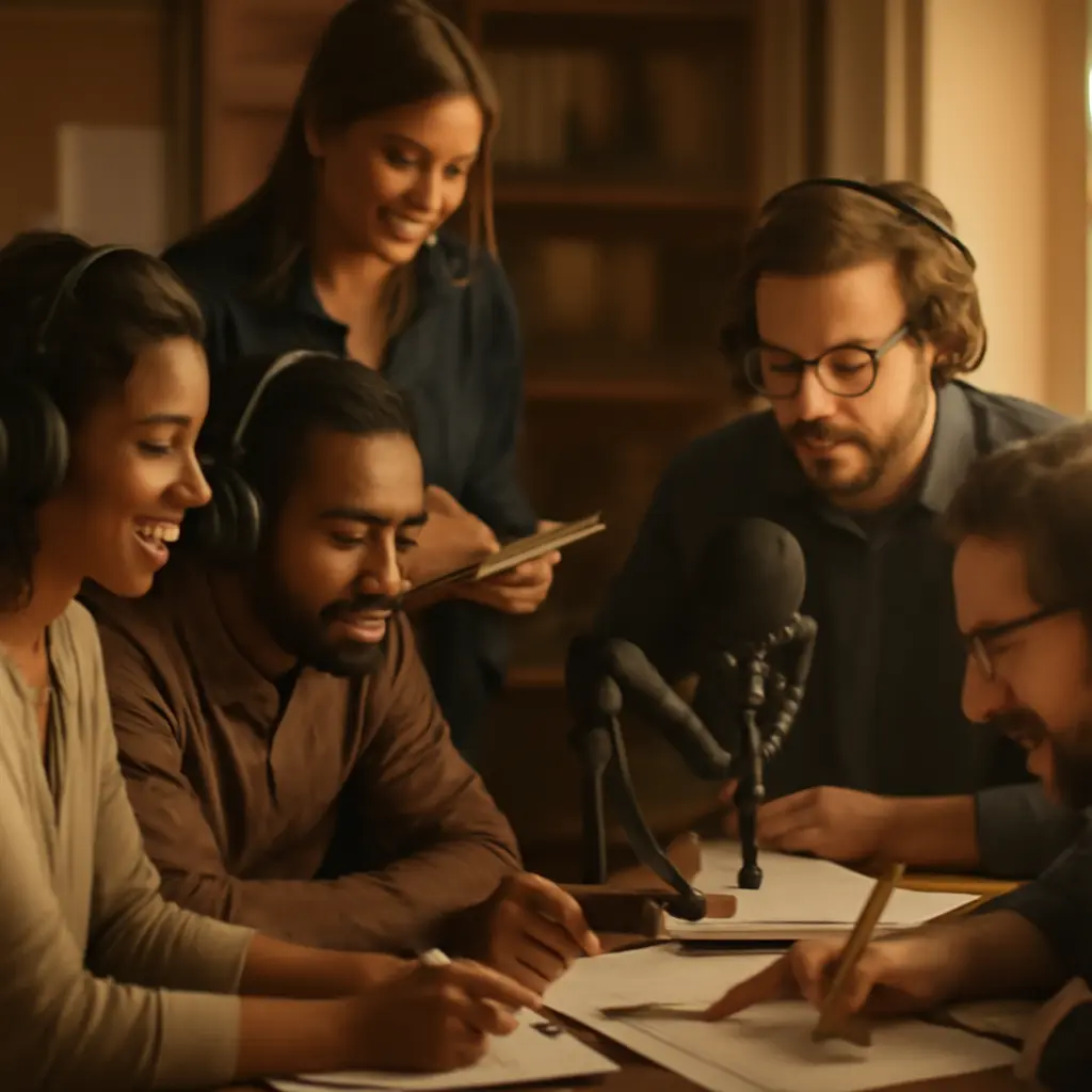 Редакционная работа в студии Журналисты редактируют контент в радиостудии