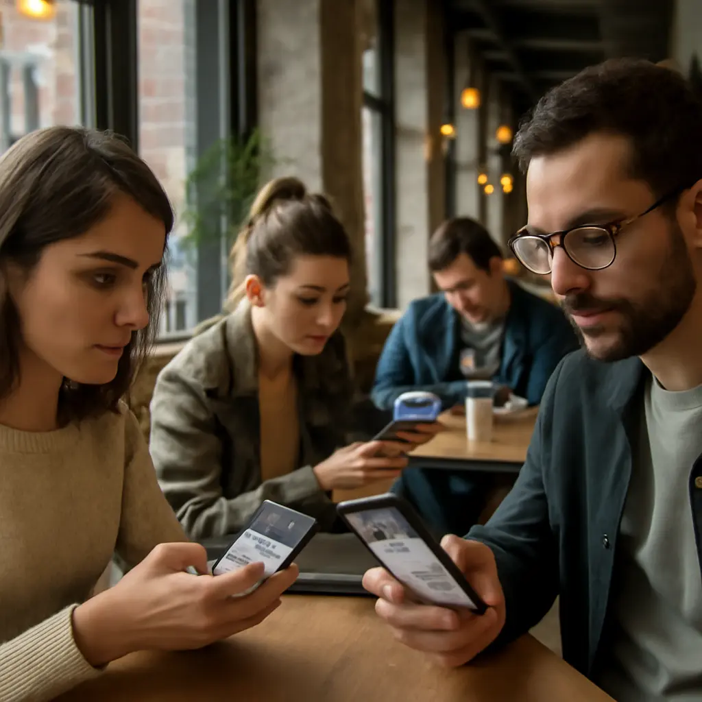 Люди слушают новости на смартфонах