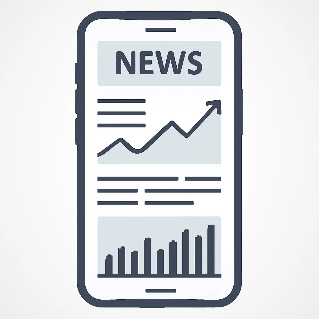 Мобильный телефон с лентой новостей и финансовыми графиками