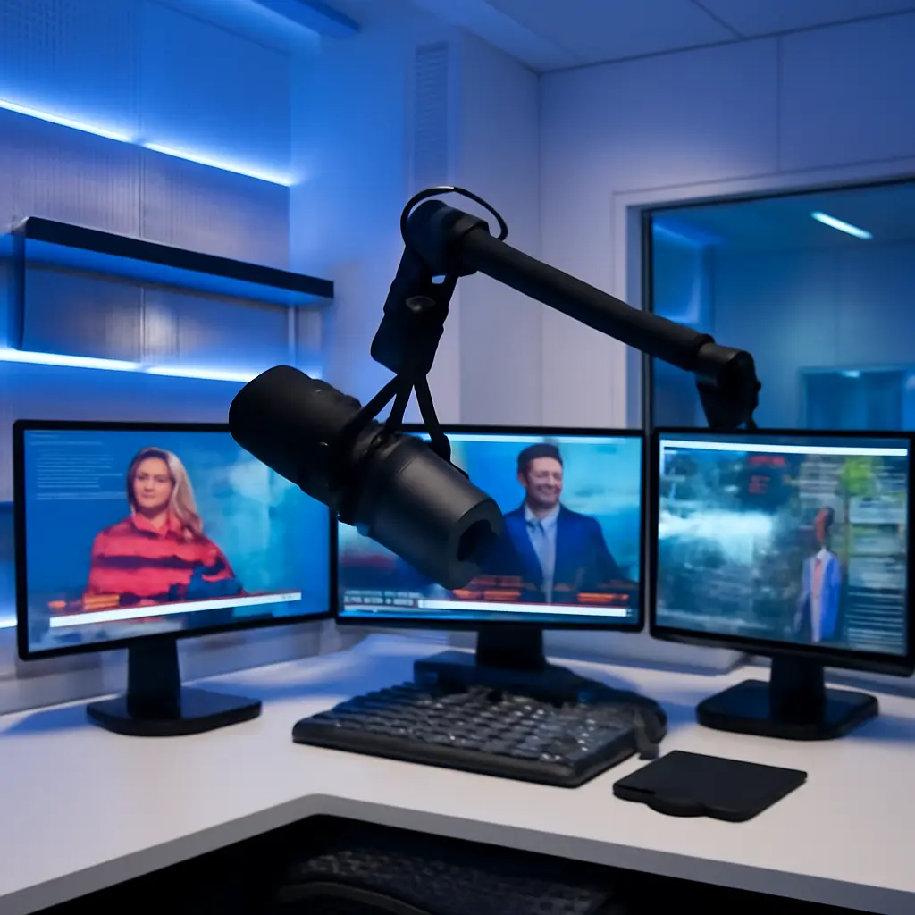 Микрофон в студии с разными информационными источниками на экранах