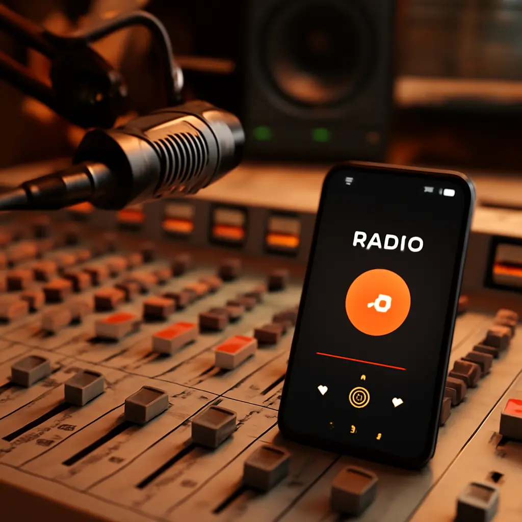 Радио студия и мобильное приложение на экране смартфона