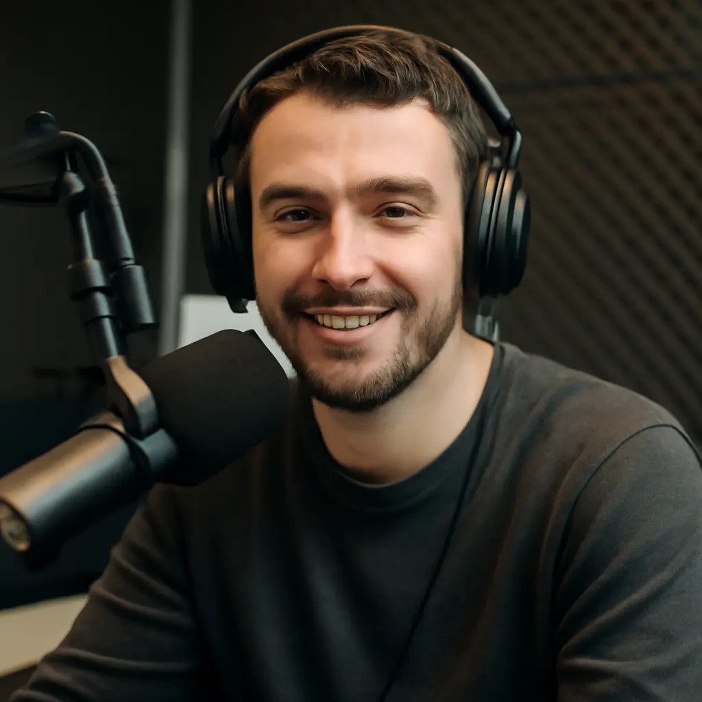 Журналист в эфире Ведущий радиопередачи в студии во время записи